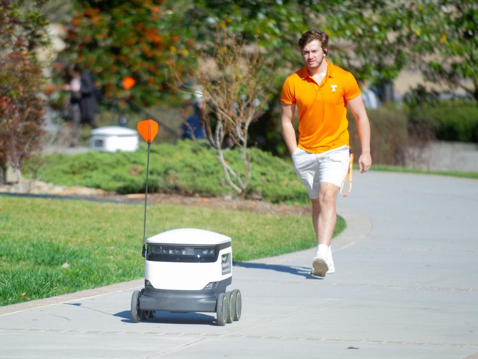 Food delivery robots on the University of Tennessee at Knoxville campus will continue to operate. The cute robot invasion won't extend to the city of Knoxville, however. At least, not for the next six months.