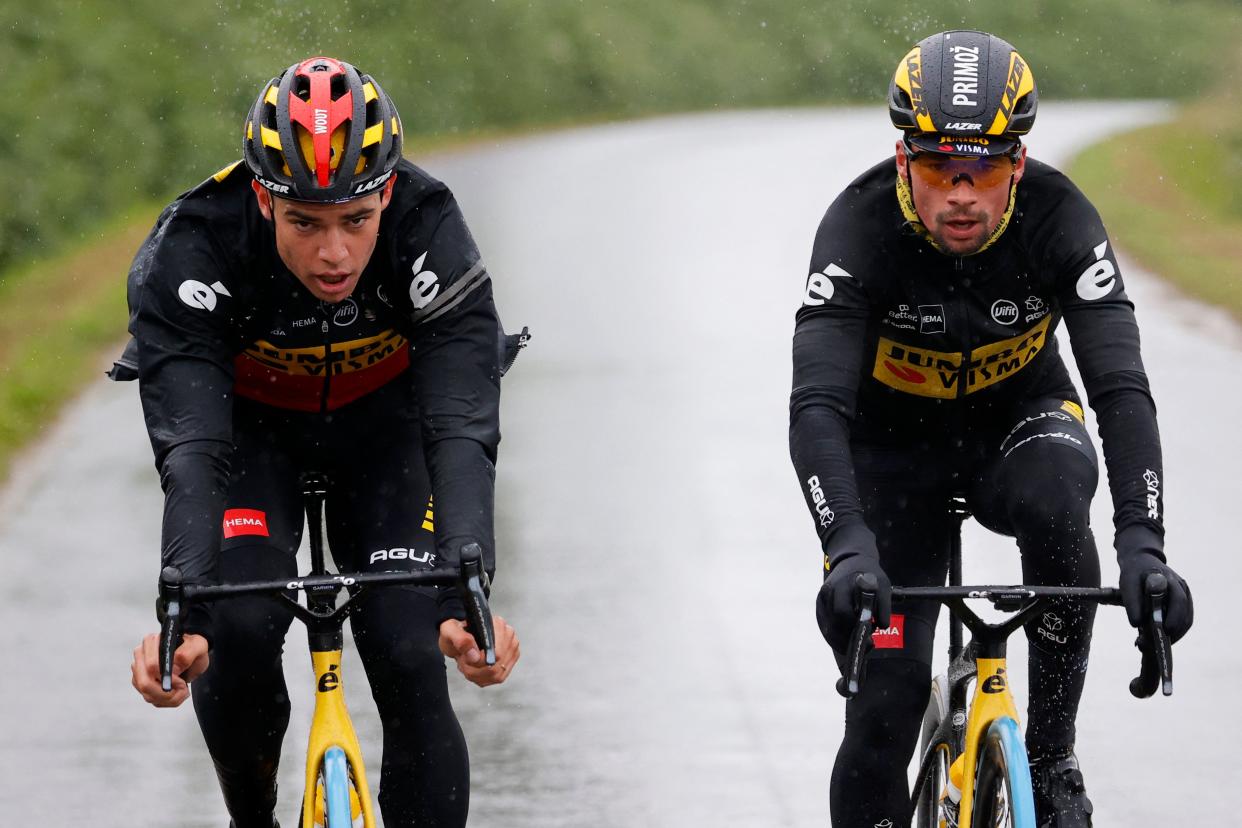 Team Jumbo Visma's Wout van Aert of Belgium (L) and Team Jumbo Visma's Primoz Roglic of Slovenia attend a training session a day ahead of the first stage of the 108th edition of the Tour de France cycling race, near Brest on June 25, 2021. (Photo by Thomas SAMSON / AFP) (Photo by THOMAS SAMSON/AFP via Getty Images)