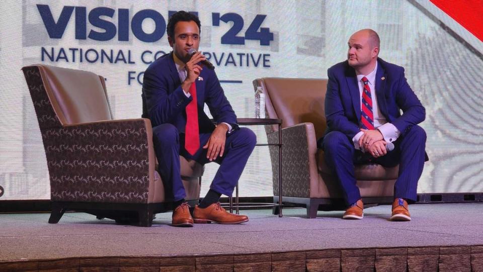 Businessman and 2024 Republican presidential candidate Vivek Ramaswamy speaks during the Vision ’24 National Conservative Forum in North Charleston on March, 18, 2023.