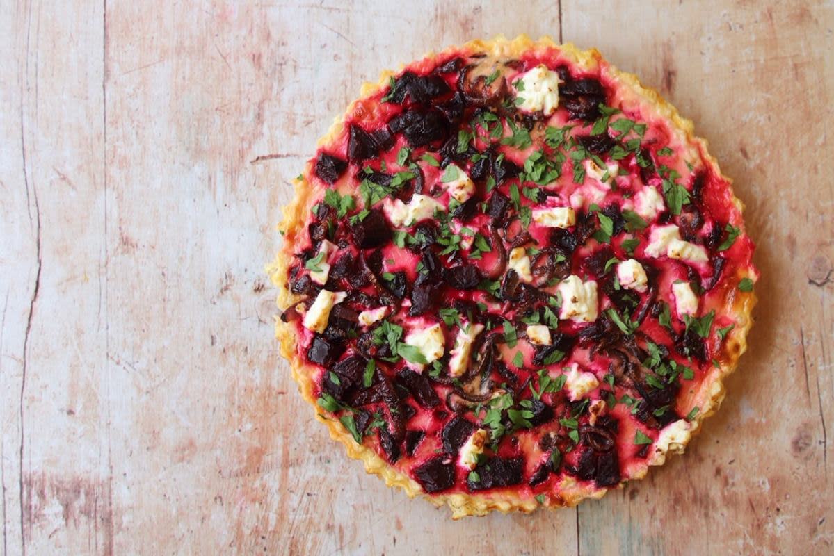 <p>End of the Fork</p><p>This Roasted Beet and Feta Tart is sweet and tangy, with caramelized onions, creme fraîche, mustard, and a pastry flavoured with thyme. It is perfect for a picnic, bbq or light lunch.</p><p><strong>Get the recipe: <a href="https://www.endofthefork.com/roasted-beet-feta-tart/" rel="nofollow noopener" target="_blank" data-ylk="slk:Roasted Beet and Feta Tart;elm:context_link;itc:0;sec:content-canvas" class="link rapid-noclick-resp">Roasted Beet and Feta Tart</a></strong></p>