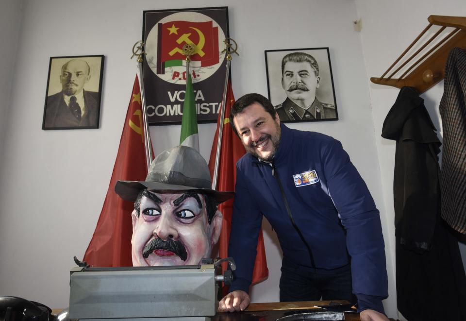 FILE - In this Jan. 12, 2020 file photo, the League's leader Matteo Salvini poses as he visits a museum devoted to fictional communist mayor, Peppone, the leftist foil to the town’s priest Don Camillo in beloved comic stories and films about the fraught political healing process in postwar Italy, during an electoral rally, in Brescello, central Italy. (Stefano Cavicchi/LaPresse via AP)
