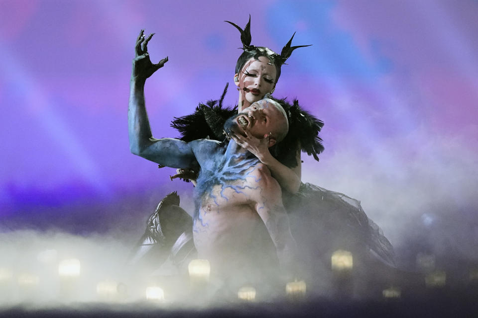 Bambie Thug of Ireland performs the song Doomsday Blue during the dress rehearsal for the final at the Eurovision Song Contest in Malmo, Sweden, Friday, May 10, 2024. (AP Photo/Martin Meissner)