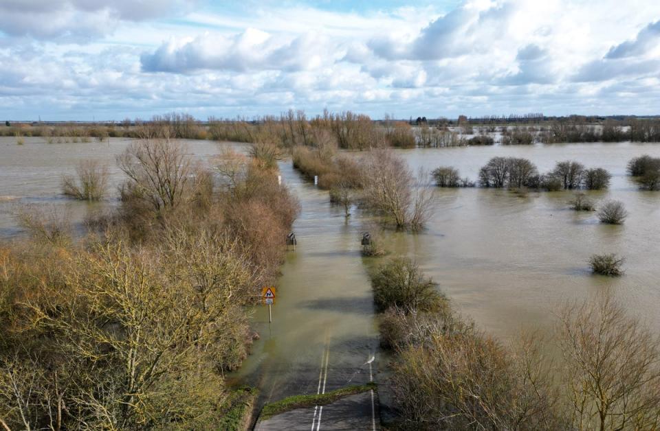 The flooded A1101 in Welney, Norfolk, in February (Joe Giddens/PA Wire)