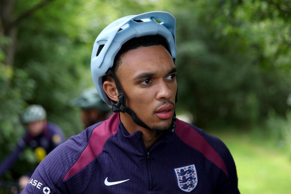 England's Trent Alexander-Arnold cycles while English players recover at Spa & Golf Resort Weimarer Land (The FA via Getty Images)