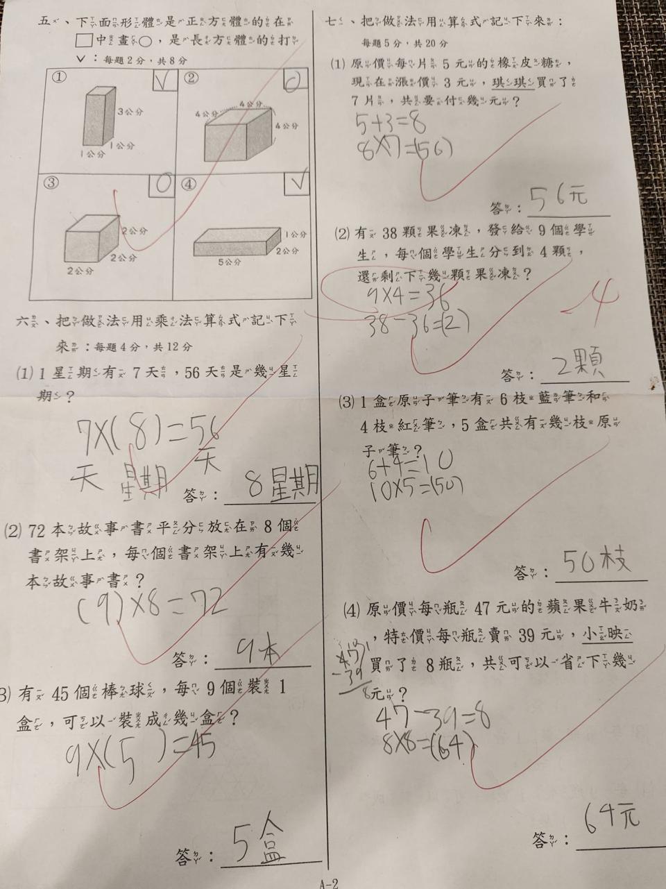 小孩答案寫下「9X4=36」卻被扣分。（圖／翻攝自臉書）