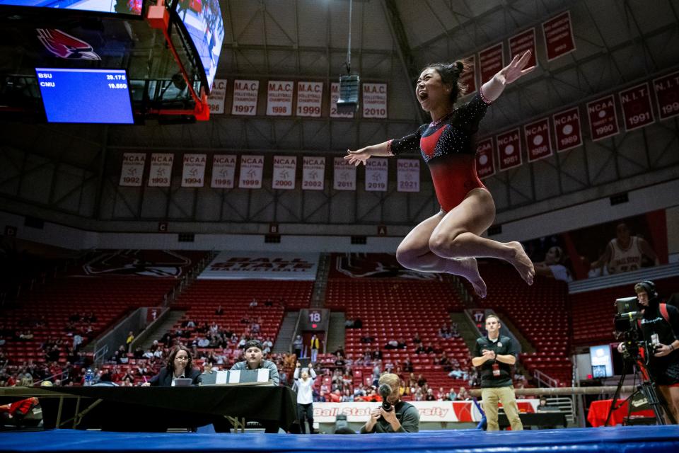 Ball State gymnastics' Suki Pfister during the team's meet against Central Michigan in Worthen Arena on Sunday, Feb. 26, 2023.