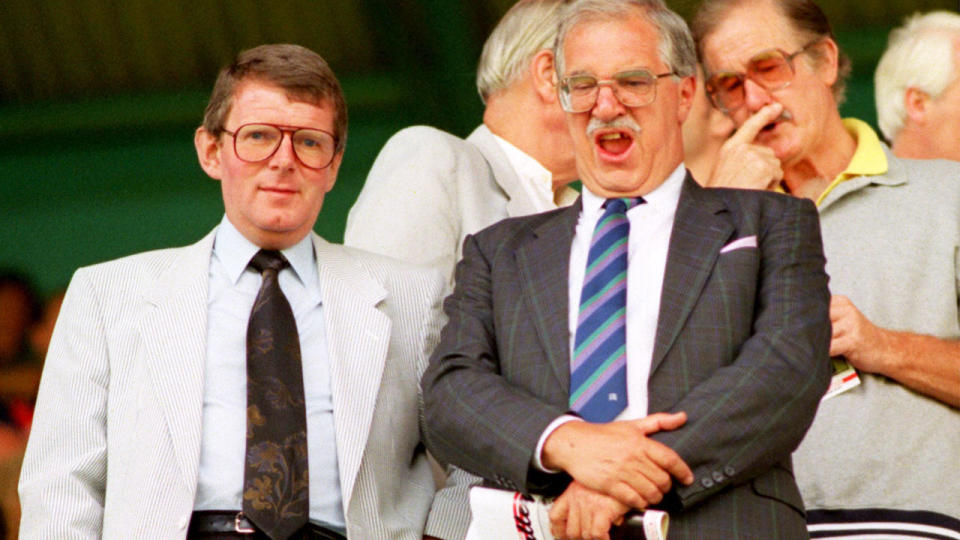 John Motson and Gerald Sinstadt, pictured here watching Charlton and Newcastle at Upton Park. 