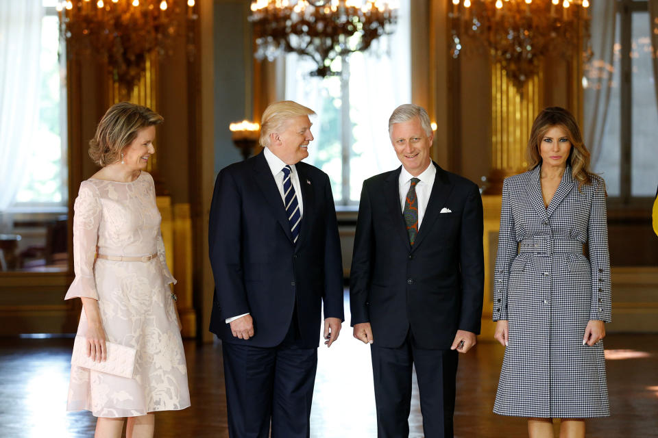 <p>President Donald Trump (2ndL) and first lady Melania Trump (R) pose with King Philippe and Queen Mathilde of Belgium at the Palace in Brussels, Belgium, May 24, 2017. (Photo: Francois Lenoir/Reuters) </p>