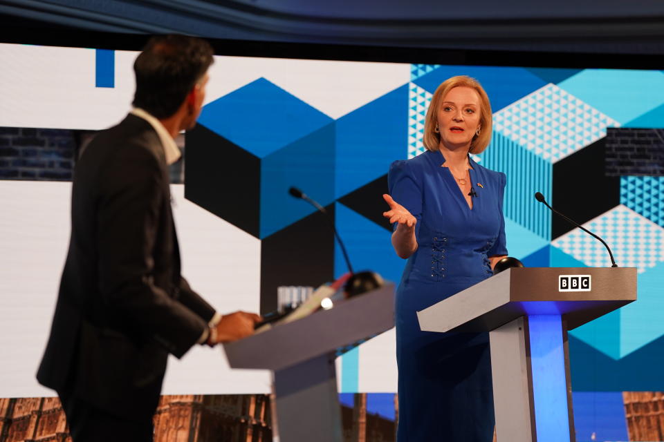 Rishi Sunak and Liz Truss taking part in the BBC Tory leadership debate, Our Next Prime Minister, presented by Sophie Raworth, a head-to-head debate at Victoria Hall in Hanley, Stoke-on-Trent, between the Conservative party leadership candidates. Picture date: Monday July 25, 2022.