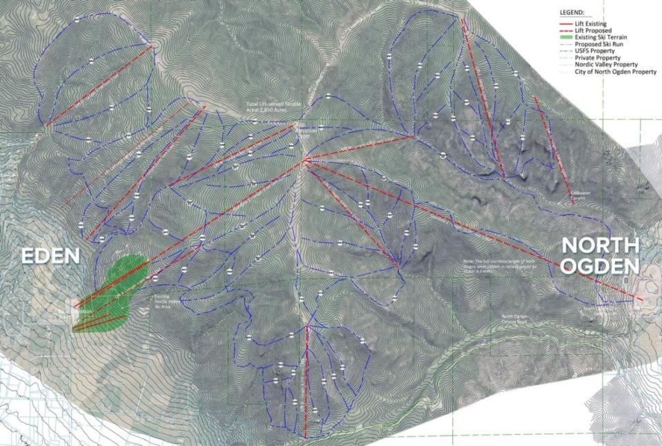 Nordic Valley expansion plan. Green indicates existing ski terrain.