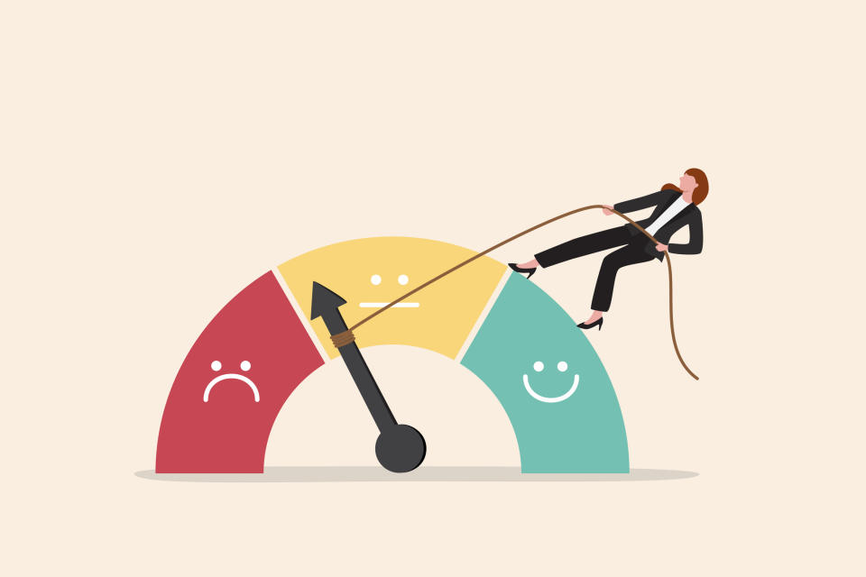 Illustration of a person in a suit pulling an arrow on a satisfaction meter from sad to happy