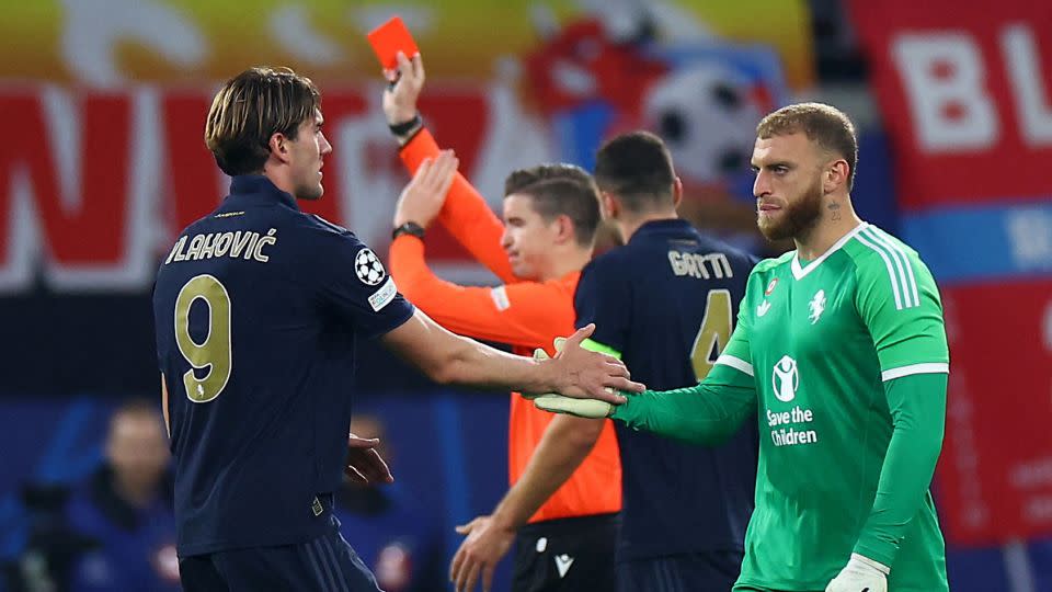 Di Gregorio is shown a red card against RB Leipzig. - Lisi Niesner/Reuters