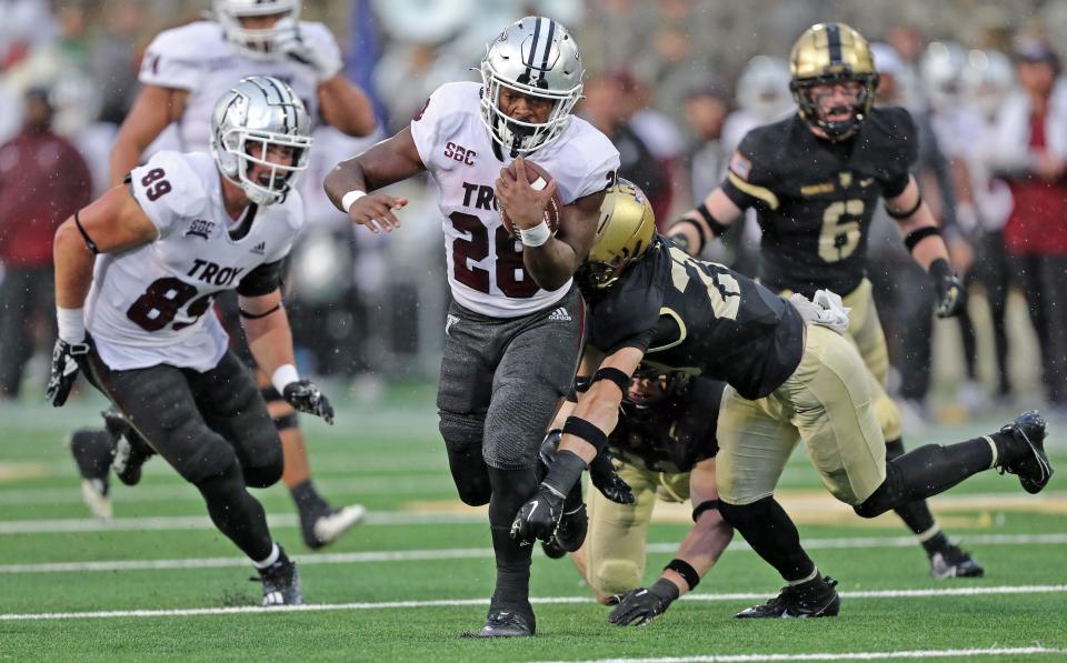 Troy running back Kymani Vidal posted his 11th career game of 100-or-more rushing yards as the Trojans beat Army. DANNY WILD, USA TODAY Sports