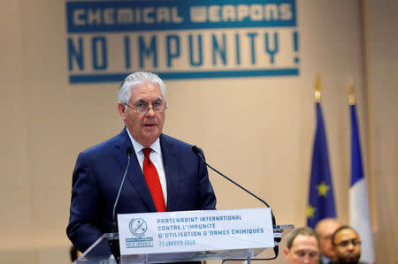U.S. Secretary of State Rex Tillerson delivers a speech during a foreign ministers’ meeting on the International Partnership against Impunity for the Use of Chemical Weapons, in Paris, France, January 23, 2018. REUTERS/Philippe Wojazer