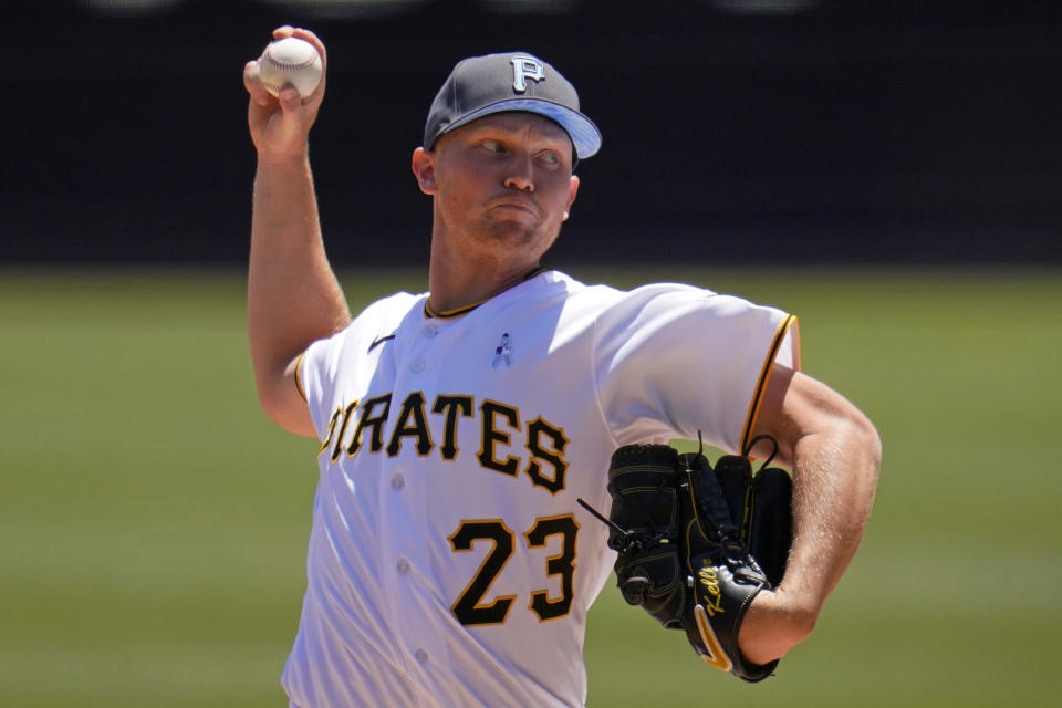 Pittsburgh Pirates starting pitcher Mitch Keller delivers during the first inning of a baseball game against the San Francisco Giants in Pittsburgh, Sunday, June 19, 2022. (AP Photo/Gene J. Puskar)