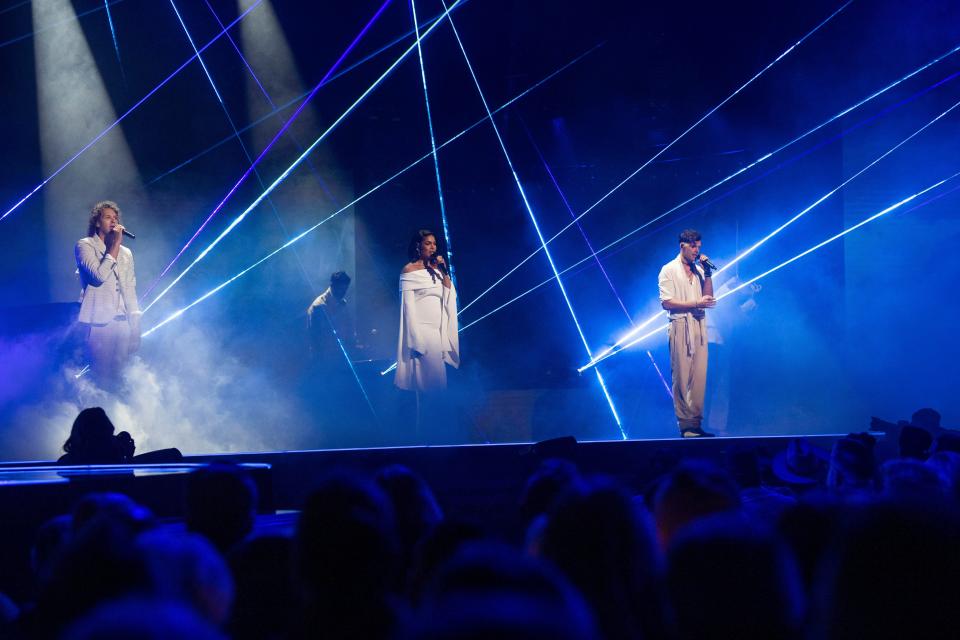 For King and Country with Jordin Sparks perform during the 54th annual Dove Awards at Lipscomb University in Nashville, Tenn., Tuesday, Oct. 17, 2023.