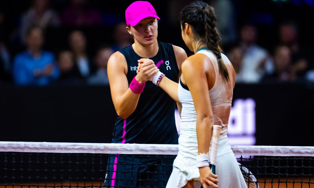 <span>Emma Raducanu shakes hands with Iga Swiatek after a promising performance against the world No 1 at the Stuttgart Open.</span><span>Photograph: Robert Prange/Getty Images</span>