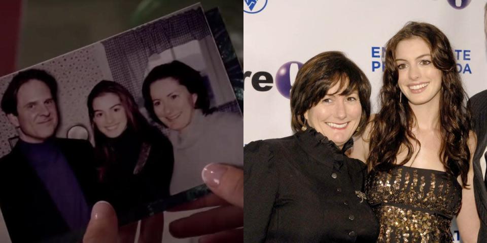(left) hands holding a photo of anne hathaway as andy in devil wears prada with her parents (right) Kate McCauley Hathaway, Anne Hathaway, and Jerry Hathaway at the Empire State Pride Agenda's 15th Annual Fall Dinner in 2006