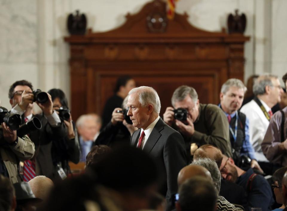 Attorney General-designate, Sen. Jeff Sessions, R-Ala., arrives on Capitol Hill in Washington, Tuesday, Jan. 10, 2017, to testify at his confirmation hearing before the Senate Judiciary Committee. (AP Photo/Alex Brandon)