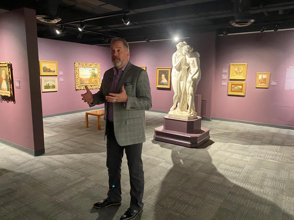 Daniel Eck, director of the MU Museum of Art and Archaeology, on Monday speaks in the museum's European and American Art Gallery. The Museum of Art and Archaeology and the Museum of Anthropology are reopening in the lower level of Ellis Library.