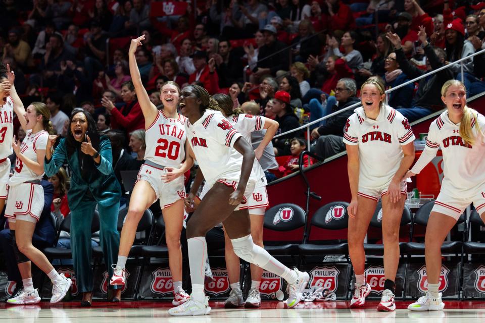 Utah Utes players cheer during a college women’s basketball game between the Utah Utes and the Stanford Cardinal at the Jon M. Huntsman Center in Salt Lake City on Friday, Jan. 12, 2024. | Megan Nielsen, Deseret News