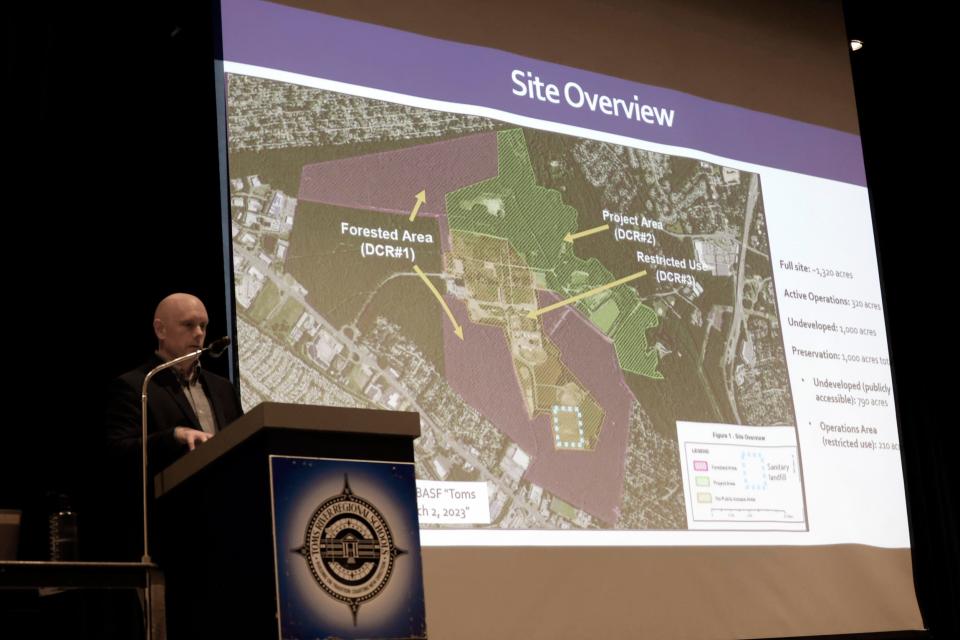 NJDEP Deputy Director Sean Moriarty addresses the audience as the meeting starts to discuss a proposed settlement with BASF over the former Ciba-Geigy Superfund site in Toms River. Hundreds of residents showed up to hear about the plan and express their concerns on March 13, 2023.