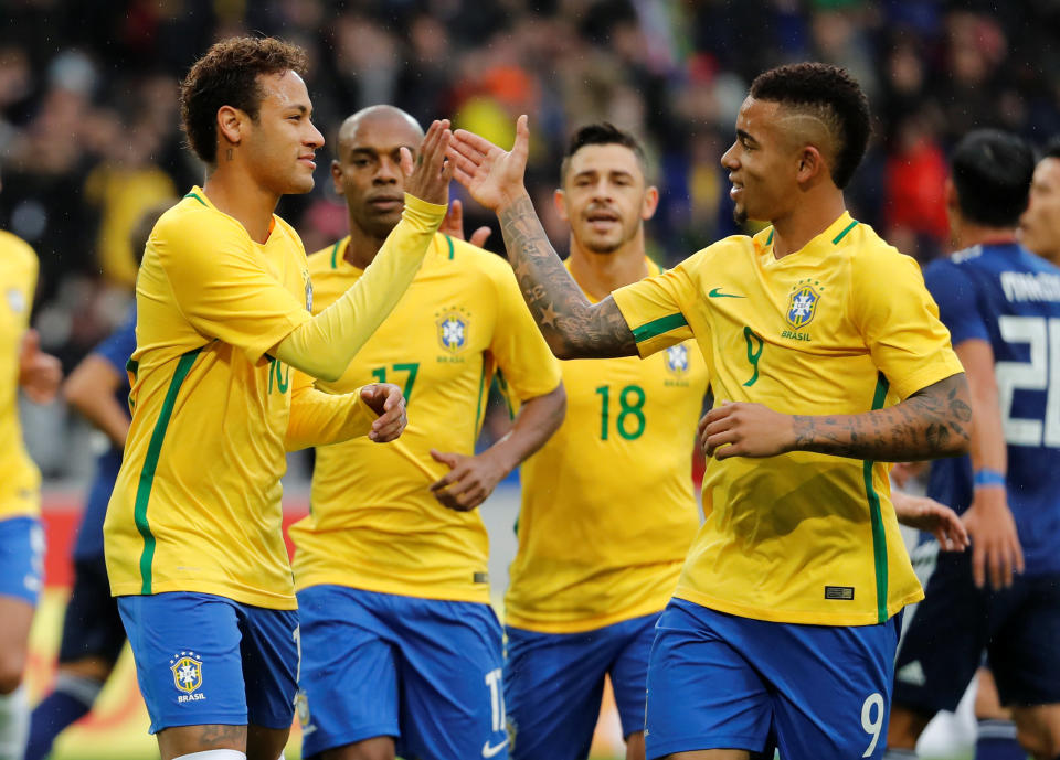 Soccer Football – International Friendly – Brazil vs Japan – Stade Pierre-Mauroy, Lille, France – November 10, 2017 Brazil’s Neymar celebrates with Gabriel Jesus after scoring their first goal REUTERS/Yves Herman