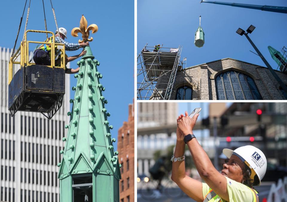 LEFT: Mariners' Church trustee Stephen Trudeau and Prop Art Studio's Dusty Conley install a fleur-de-lis onto a spire at the church in Detroit on Saturday, July 22, 2023. TOP RIGHT: Workers install the last two spires on Mariners' Church. BOTTOM RIGHT: Mariners' Church parish administrator Charlotte McKenzie takes photos as she watches the last two spires being installed at the church.