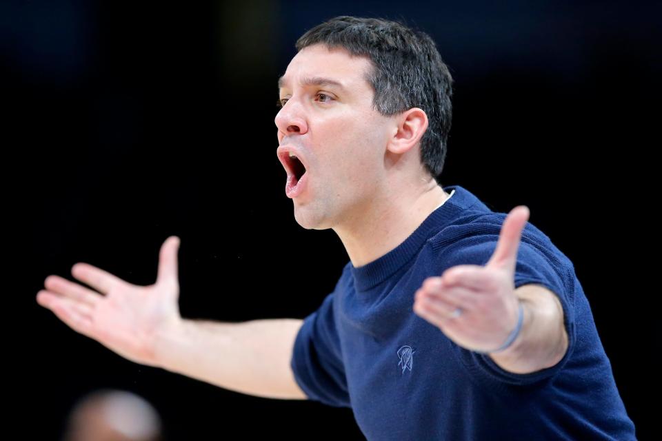 Oklahoma City coach Mark Daigneault shouts at an official during an NBA basketball game between the Oklahoma City Thunder and the Phoenix Suns at Paycom Center in Oklahoma City, Thursday, Feb. 24, 2022.  The Suns won 124-104. 