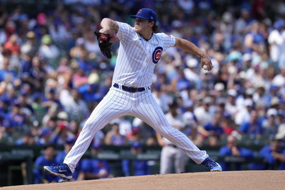 Chicago Cubs starting pitcher Justin Steele delivers during the first inning of a baseball game against the San Francisco Giants Monday, Sept. 4, 2023, in Chicago. (AP Photo/Charles Rex Arbogast)