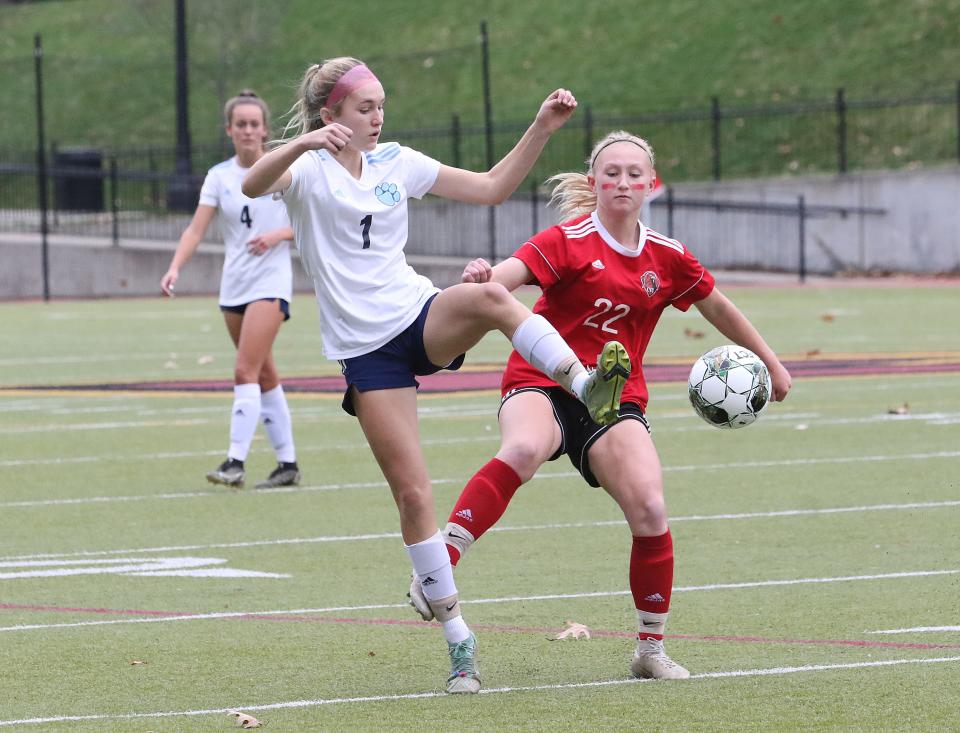 MMU's Sofia Randall gathers the ball during the Cougars' 1-0 loss to CVU in the 2022 D1 Championship game at Norwich University.