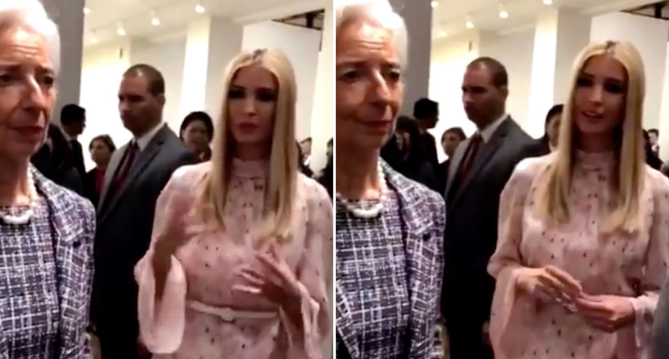 Pictured is Ivanka Trump, the daughter of US President Donald Trump, speaking to a group including British Prime Minister Theresa May, French President Emmanuel Macron and International Monetary Fund director Christine Lagard at the G20 summit in Japan. Ms Lagard seems disinterested and looks away as Ms Trump speaks.