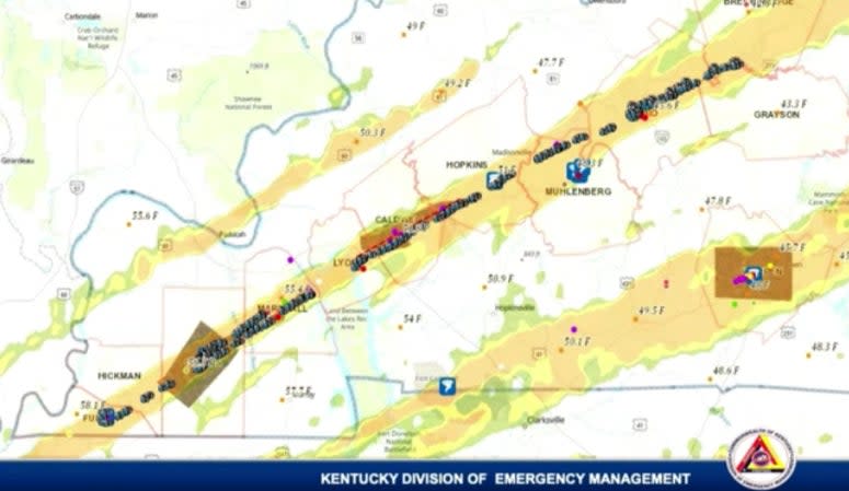 This map from Kentucky Emergency Management shows 5,000 points of tornado damage across 200 miles (Kentucky Emergency Management)