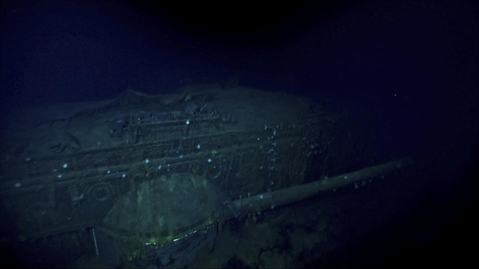 In this Oct. 7, 2019 image taken from underwater video provided by Vulcan Inc., the Japanese aircraft carrier Kaga is shown in the Pacific Ocean off Midway Atoll in the Northwestern Hawaiian Islands. Deep-sea explorers scouring the world's oceans for sunken World War II ships are honing in on a debris field deep in the Pacific. A research vessel called the Petrel is launching underwater robots about halfway between the U.S. and Japan in search of warships from the Battle of Midway. Weeks of grid searches around the Northwestern Hawaiian Islands already have led the Petrel to one sunken battleship, the Kaga. (Vulcan Inc. via AP)