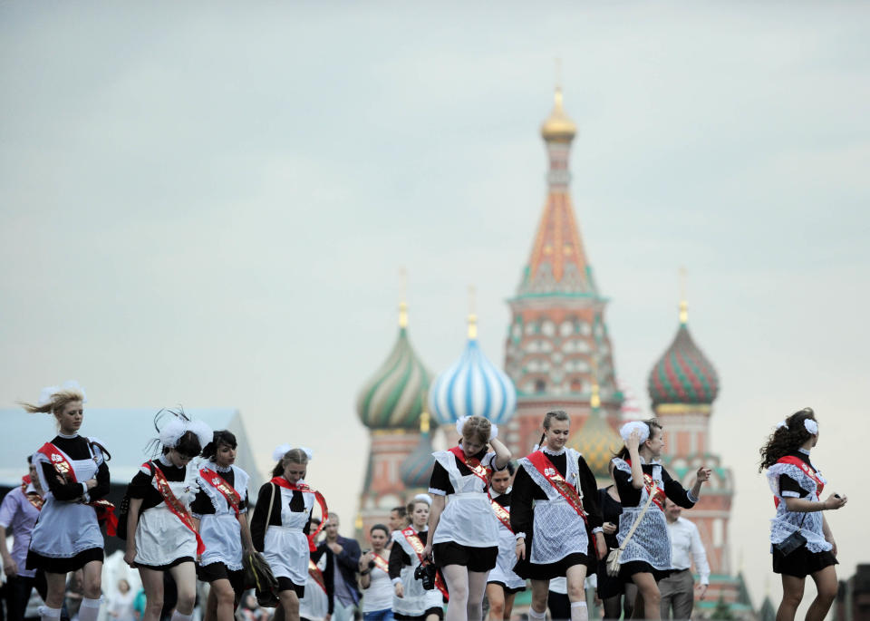 High-school graduates celebrate the last day of their classes in Moscow's&nbsp;Red Square on May 25, 2011.