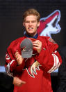 PITTSBURGH, PA - JUNE 22: Henrik Samuelsson, 27th overall pick by the Phoenix Coyotes, poses on stage during Round One of the 2012 NHL Entry Draft at Consol Energy Center on June 22, 2012 in Pittsburgh, Pennsylvania. (Photo by Bruce Bennett/Getty Images)