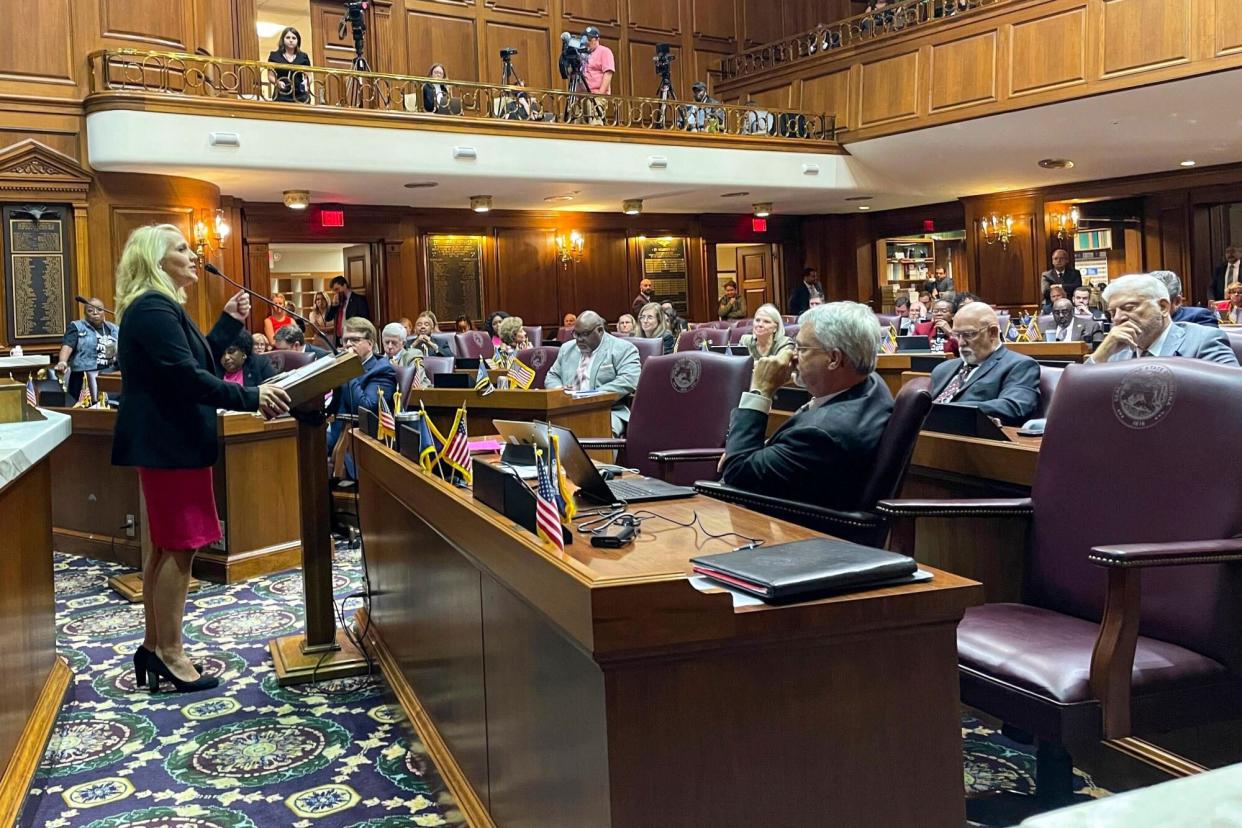 Mandatory Credit: Photo by Arleigh Rodgers/AP/Shutterstock (13069675b) Republican Rep. Ann Vermilion advocated against the House abortion ban at the Statehouse in Indianapolis, as a "pro-life and pro-woman, pro-choice" lawmaker. The House passed the near-total ban Indiana Tax Refund, Indianapolis, United States - 05 Aug 2022