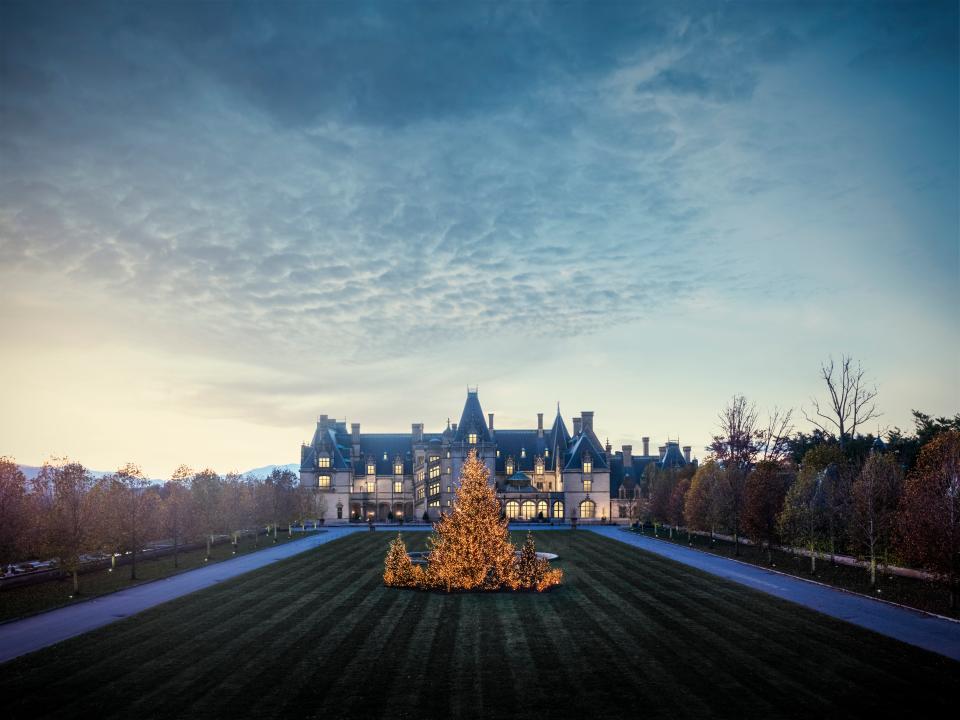 This 2013 photo shows the Christmas tree displayed on the Biltmore Estate front lawn.