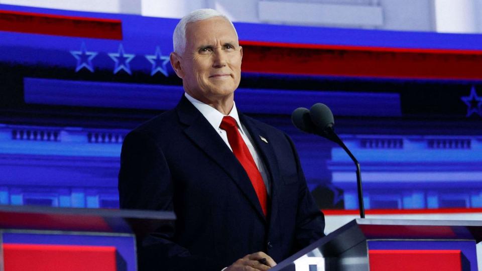 PHOTO: Former Vice President Mike Pence takes part in the first Republican Presidential primary debate at the Fiserv Forum in Milwaukee, Wisconsin, on Aug. 23, 2023. (Kamil Krzaczynski/AFP via Getty Images)