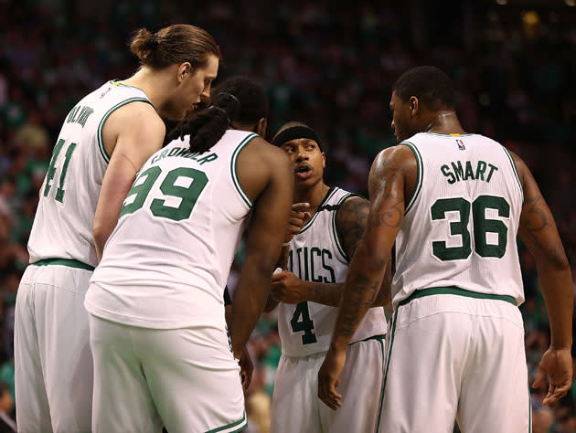 Isaiah Thomas leads the huddle in Game 7. (Getty Images)