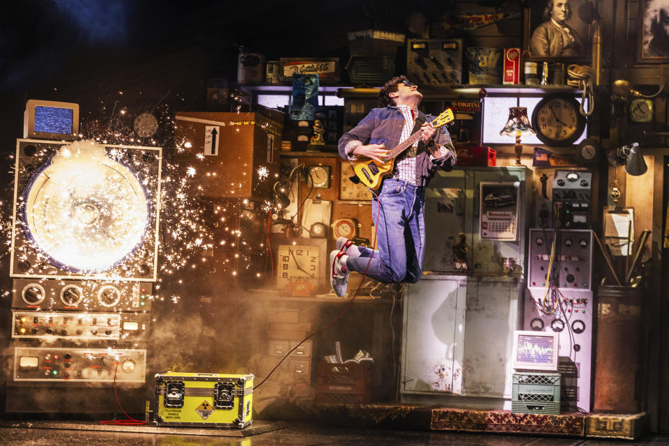 This image released by Polk & Co. shows Casey Likes during a performance of "Back to the Future: The Musical." (Matthew Murphy and Evan Zimmerman via AP)