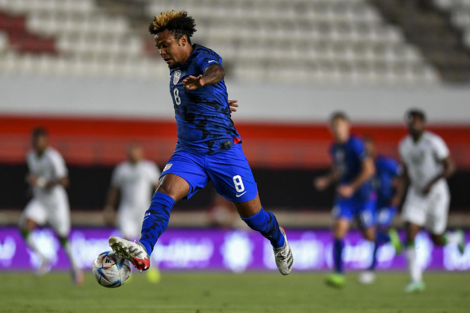 FILE - United States' Weston McKennie controls the ball during the international friendly soccer match between Saudi Arabia and United States in Murcia, Spain, Tuesday, Sept. 27, 2022. (AP Photo/Jose Breton, File)