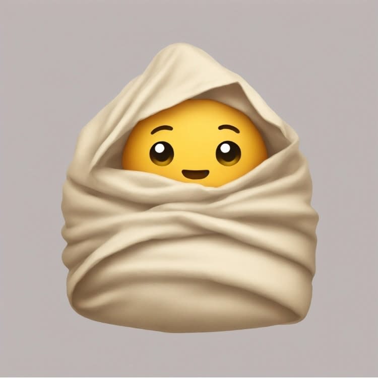 Smiling emoji wrapped in a swaddling cloth resembling a baby