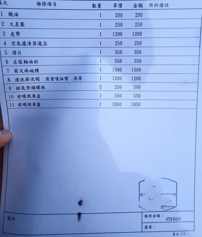 ▲收到報價單後，總共11項維修保養，卻要價8400元，讓原PO不禁產生疑慮，上網發問。（圖／翻攝《爆廢公社》）