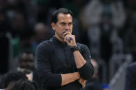 Miami Heat head coach Erik Spoelstra watches from the bench in the second half of Game 1 of an NBA basketball first-round playoff series against the Boston Celtics, Sunday, April 21, 2024, in Boston. (AP Photo/Steven Senne)