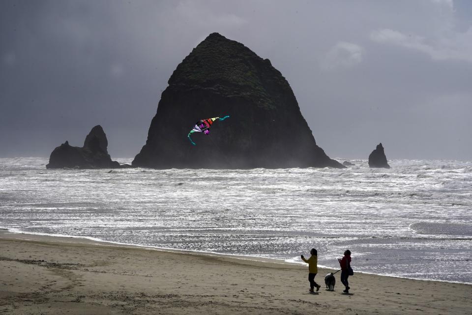 Beachgoers walk a dog and fly a kite as they near Haystack Rock, Monday, April 4, 2022, in Cannon Beach, Oregon. Formed by lava flows from the Blue Mountains and Columbia Basin, it is a popular tourist attraction towering 235 feet and is home to the state’s largest Tufted Puffin colony. | Charles Rex Arbogast, Associated Press