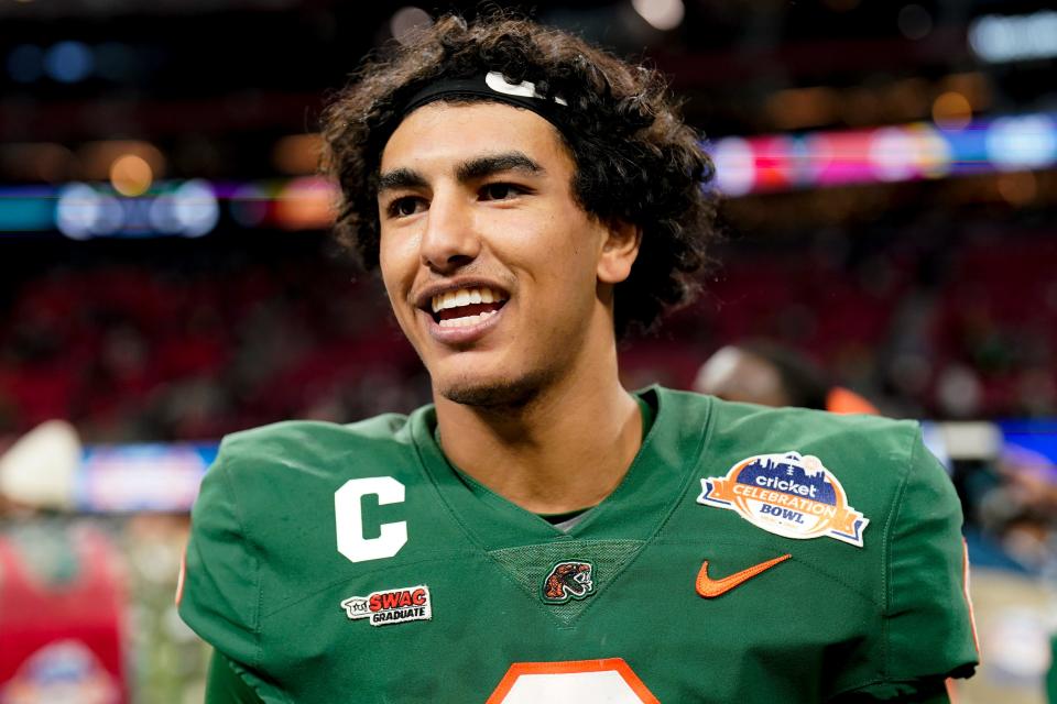 Florida A&M quarterback Jeremy Moussa (8) celebreates after an NCAA Celebration Bowl football game against Howard, Saturday, Dec. 16, 2023, in Atlanta. Florida A&M won 30-26. (AP Photo/Mike Stewart)