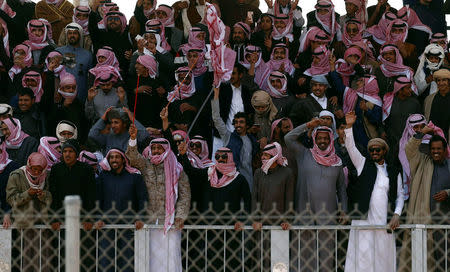 Saudi men cheer during King Abdulaziz Camel Festival in Rimah Governorate, north-east of Riyadh, Saudi Arabia, January 19, 2018. REUTERS/Faisal Al Nasser