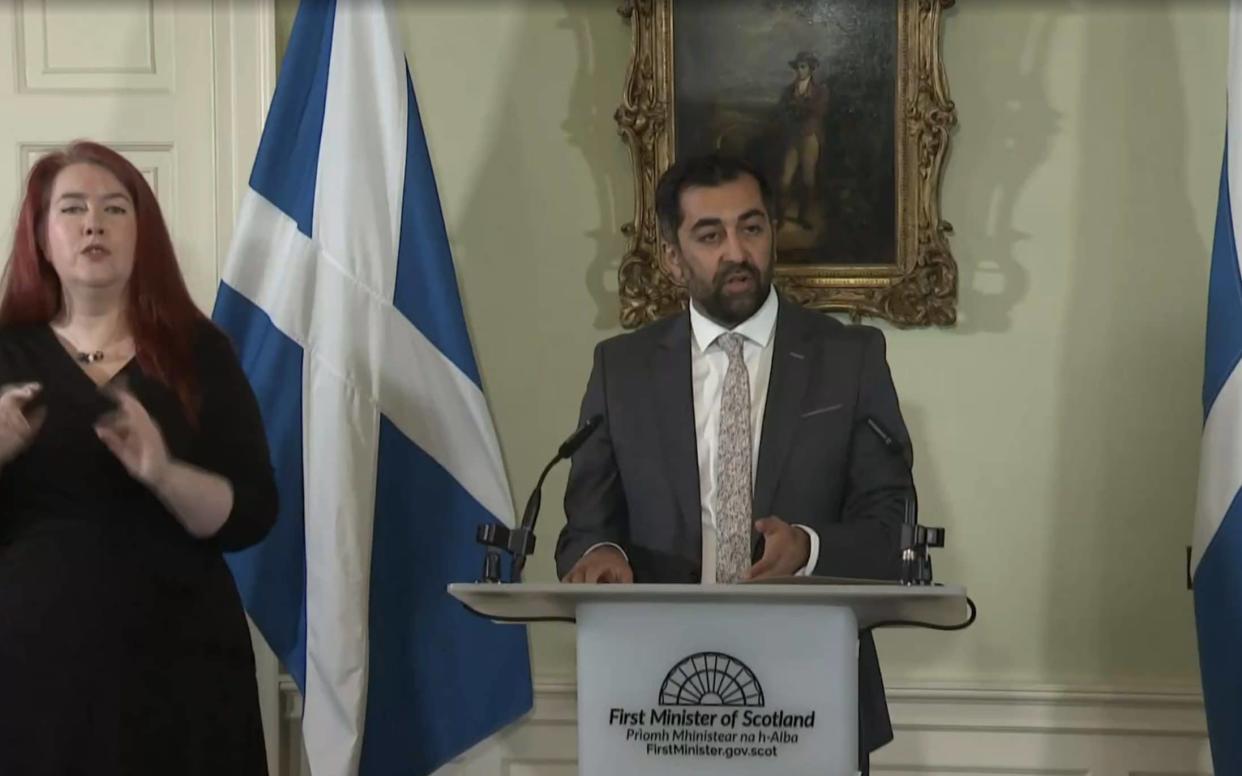 Humza Yousaf, the First Minister of Scotland, delivers a statement at Bute House in Edinburgh