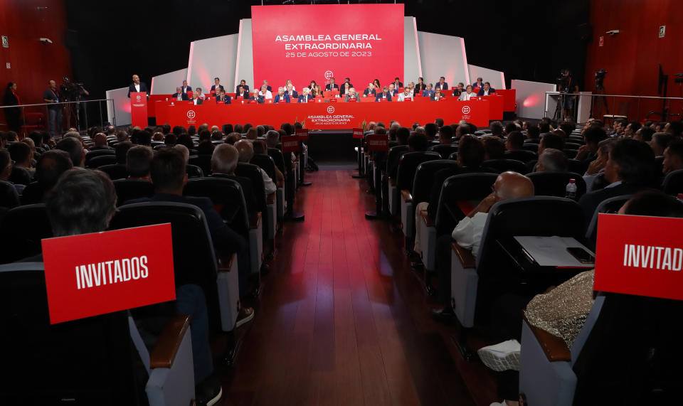 The president of the Spanish soccer federation Luis Rubiales, left, speaks during an emergency general assembly meeting in Las Rozas, Friday Aug. 25, 2023. Rubiales has refused to resign despite an uproar for kissing a player, Jennifer Hermoso on the lips without her consent after the Women's World Cup final. Rubiales had also grabbed his crotch in a lewd victory gesture from the section of dignitaries with Spain's Queen Letizia and the 16-year old Princess Sofía nearby. (Real Federación Española de Fútbol/Europa Press via AP)